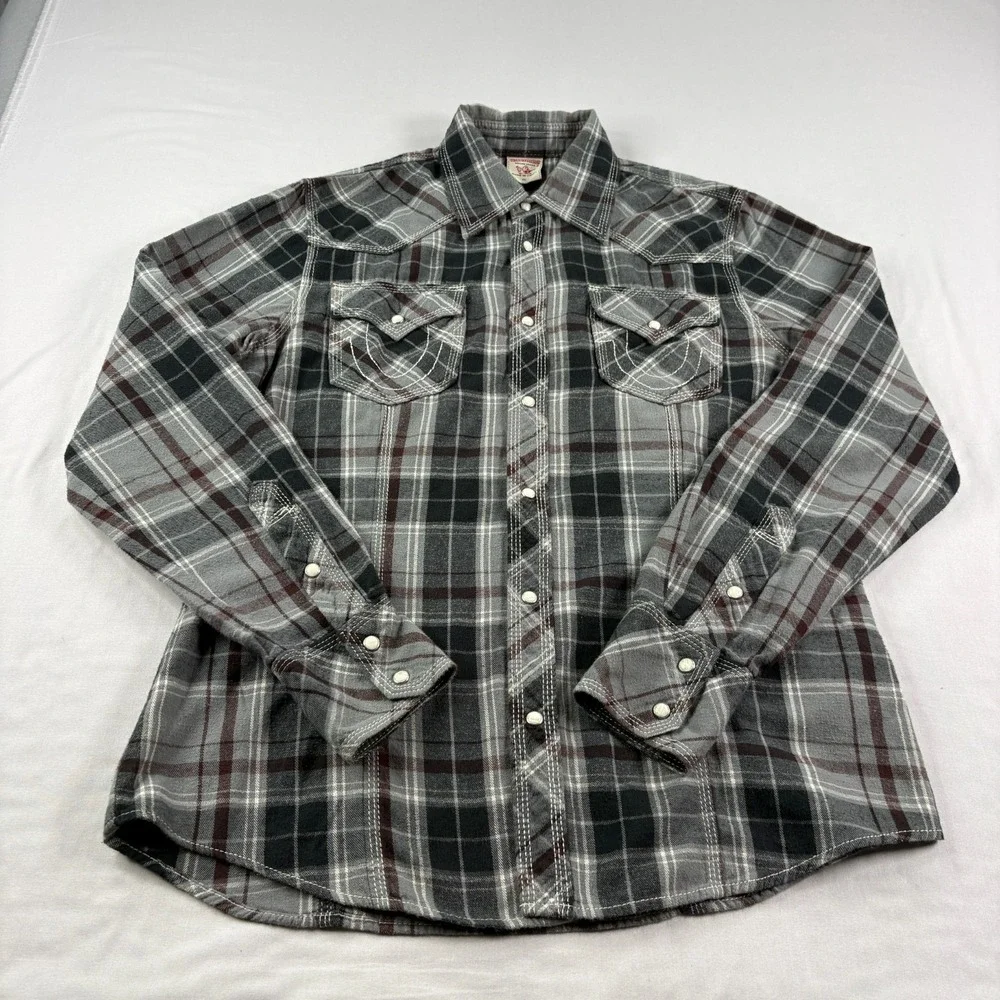 True Religion Western Shirt Mens‎ XL Lot of 2 Plaid Pearl Snap Up Long Sleeve
